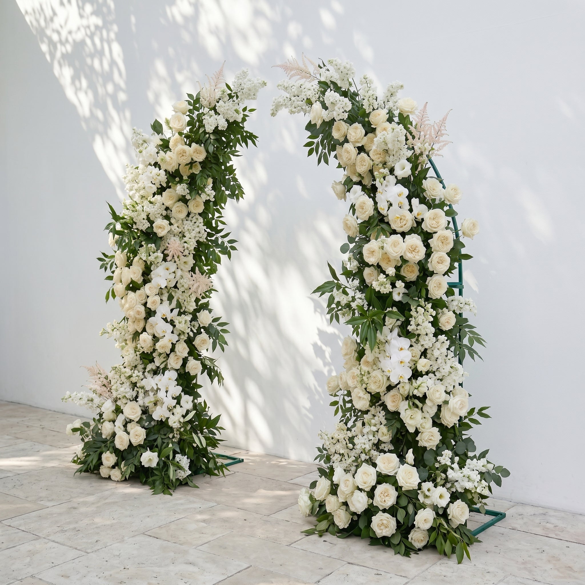 Calnora: Luxury Ivory White, Cream &amp; Fresh Green Silk Floral Ground Horn Arch Arrangement with Flowing Cascading Astilbe Greenery for Romantic Minimalist Weddings &amp; Garden Event Decor Including Frame