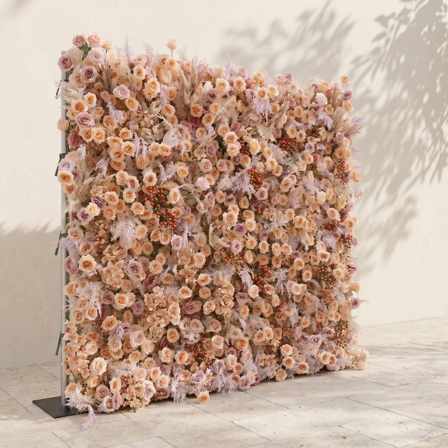 Valsira: Luxury 5D Champagne &amp; Peach Silk Rose Flower Wall with Autumn Berries for Romantic Manor Weddings