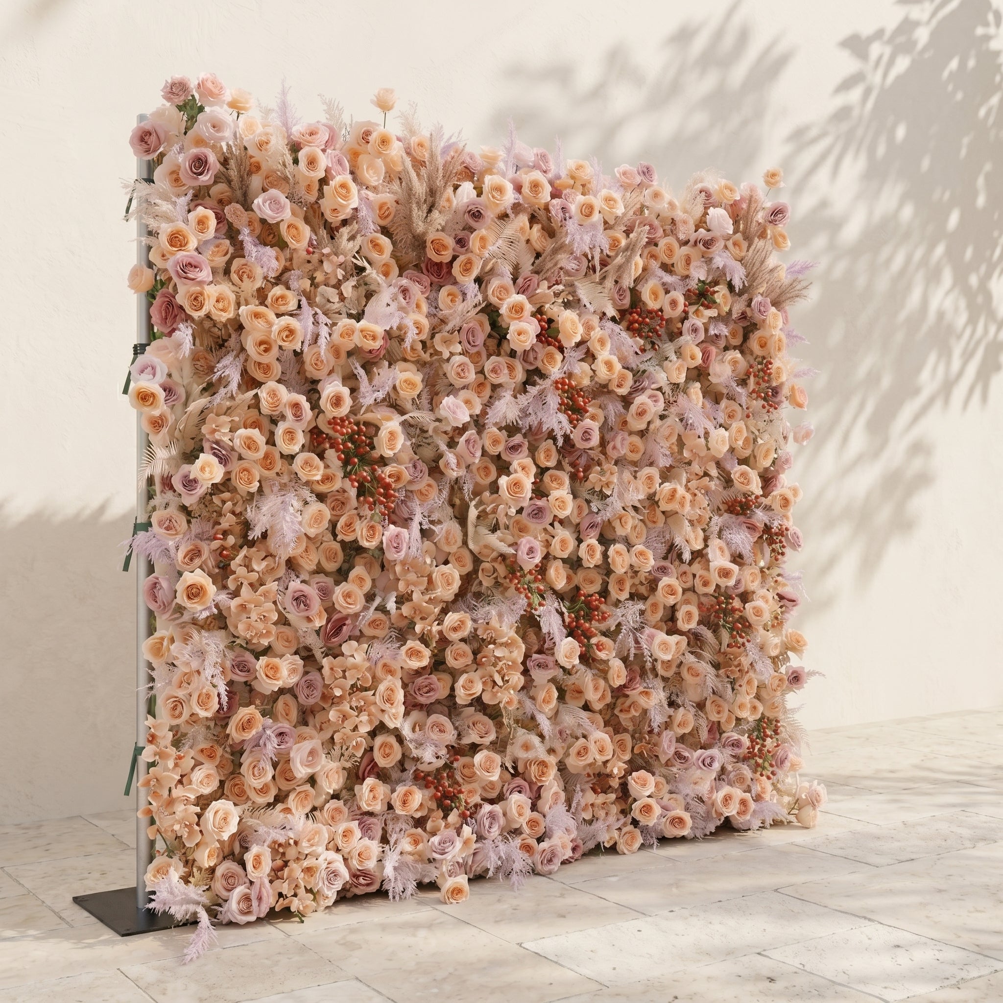 Valsira: Luxury 5D Champagne &amp; Peach Silk Rose Flower Wall with Autumn Berries for Romantic Manor Weddings
