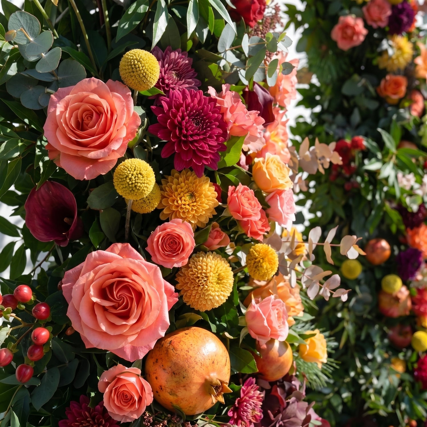 Calora Horn Arch: Autumn Style Luxury Orange &amp; Yellow Flower Arch for Elegant Garden Weddings &amp; Natural-Inspired Event Decor Incuding Frame