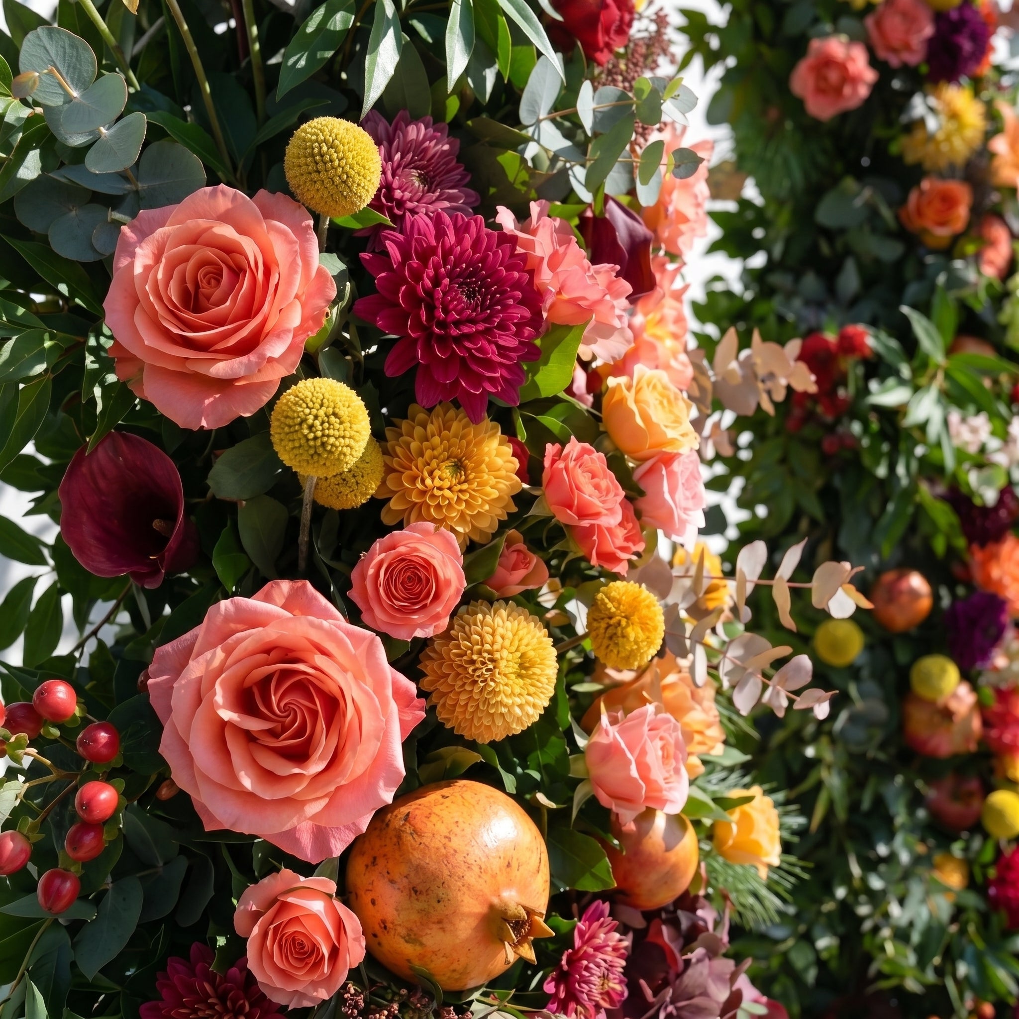 Calora Horn Arch: Autumn Style Luxury Orange &amp; Yellow Flower Arch for Elegant Garden Weddings &amp; Natural-Inspired Event Decor Incuding Frame