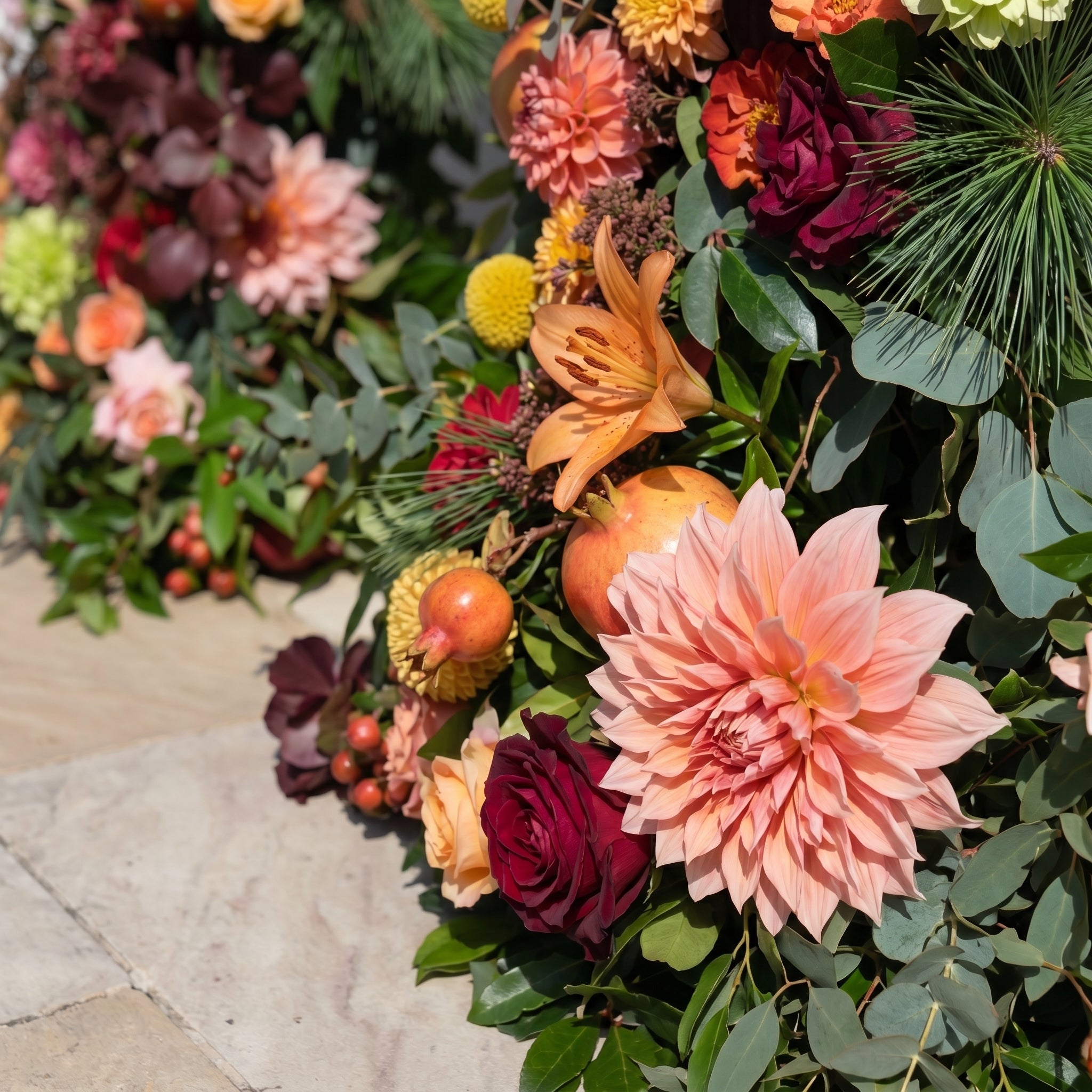 Calora Horn Arch: Autumn Style Luxury Orange &amp; Yellow Flower Arch for Elegant Garden Weddings &amp; Natural-Inspired Event Decor Incuding Frame