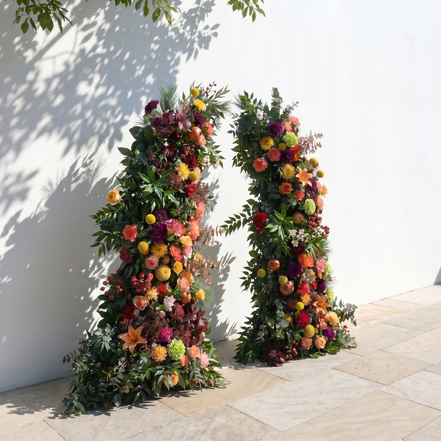 Calora Horn Arch: Autumn Style Luxury Orange &amp; Yellow Flower Arch for Elegant Garden Weddings &amp; Natural-Inspired Event Decor Incuding Frame