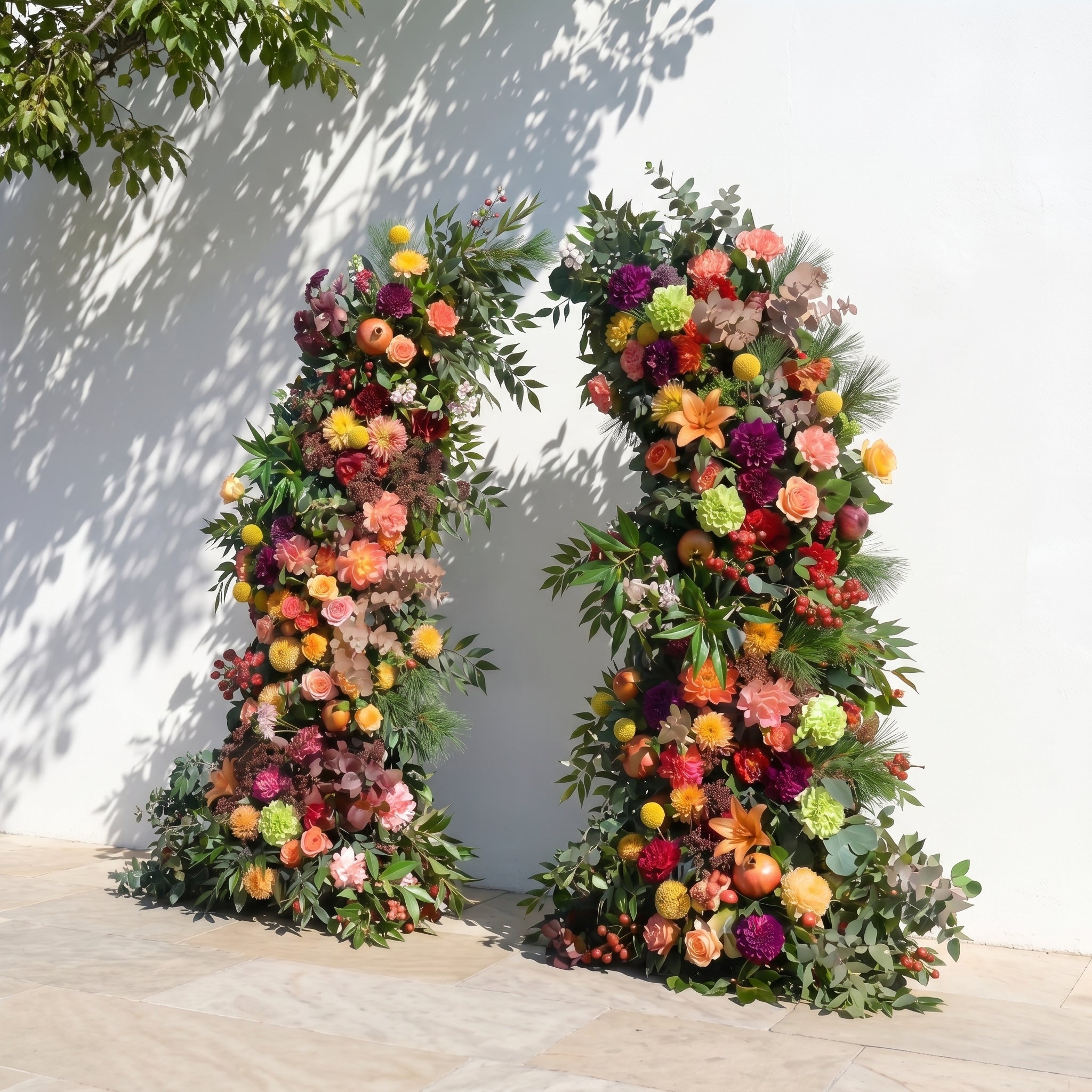 Calora Horn Arch: Autumn Style Luxury Orange &amp; Yellow Flower Arch for Elegant Garden Weddings &amp; Natural-Inspired Event Decor Incuding Frame