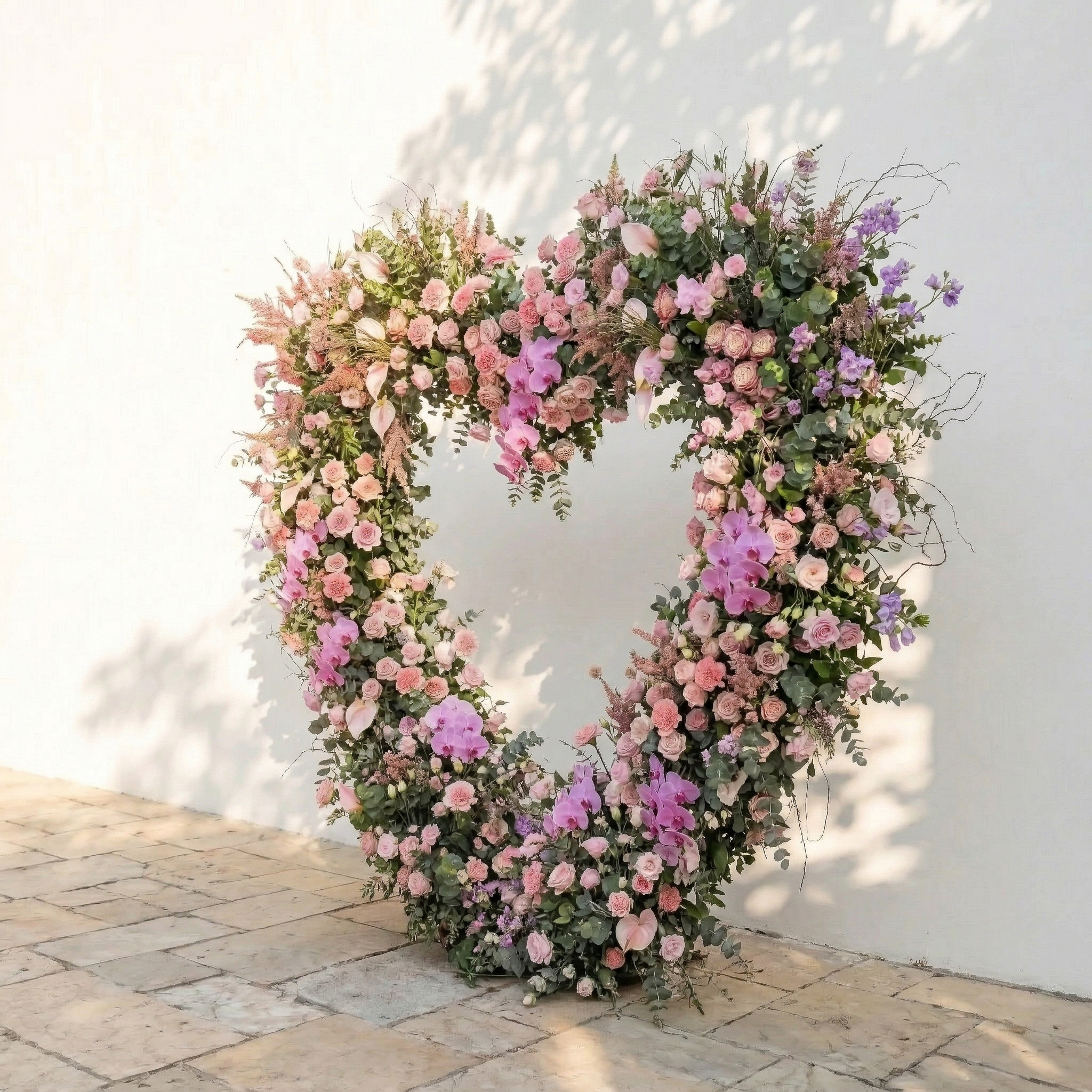 Calyra: Lush Pink &amp; Lavender Heart-Shaped Floral Arch for Elegant Garden Wedding &amp; Proposal Party