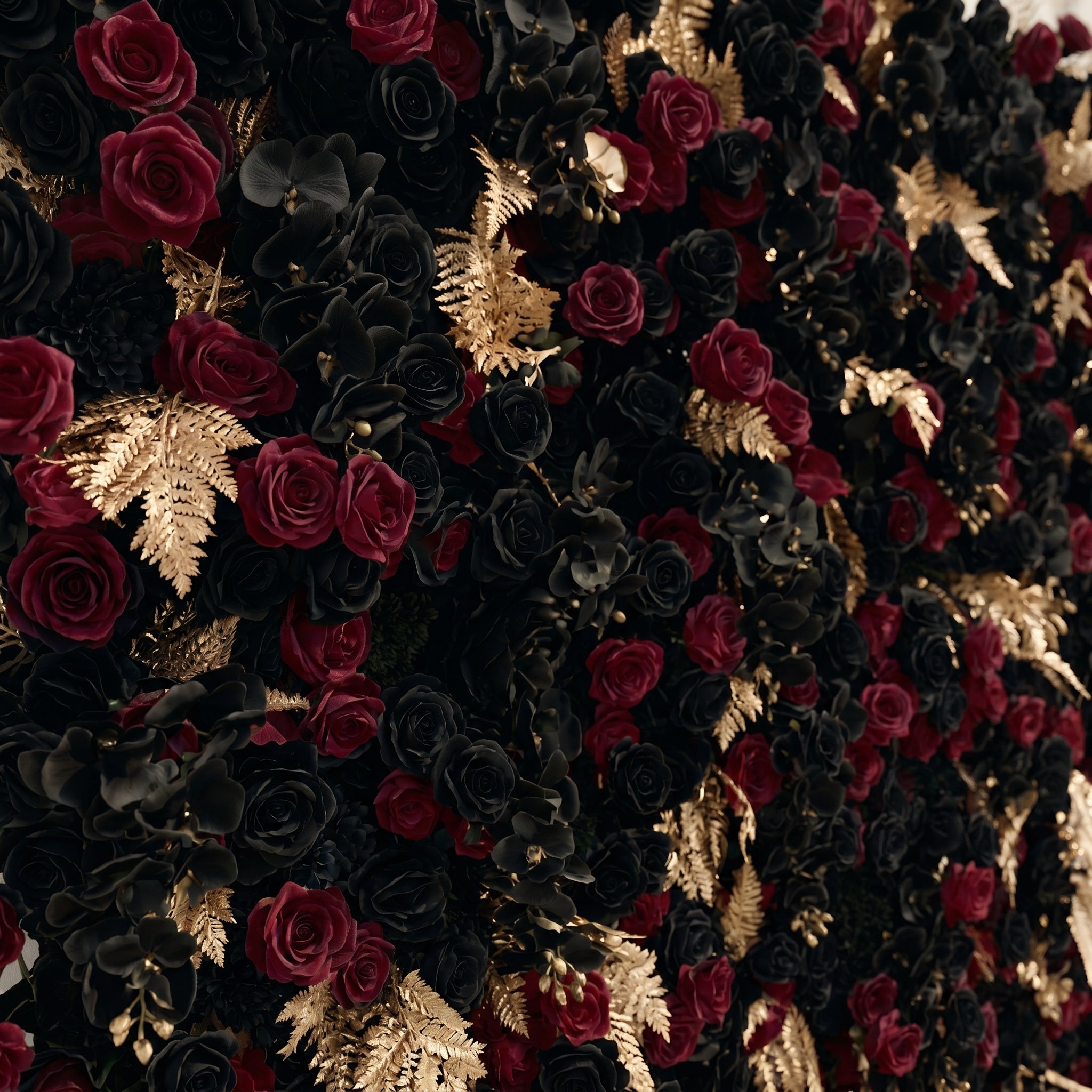 Camilavia: Luxury 5D Black, Burgundy &amp; Gold Silk Floral Wall Roll-Up Backdrop for Opulent Gothic Weddings