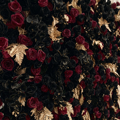 Camilavia: Luxury 5D Black, Burgundy &amp; Gold Silk Floral Wall Roll-Up Backdrop for Opulent Gothic Weddings