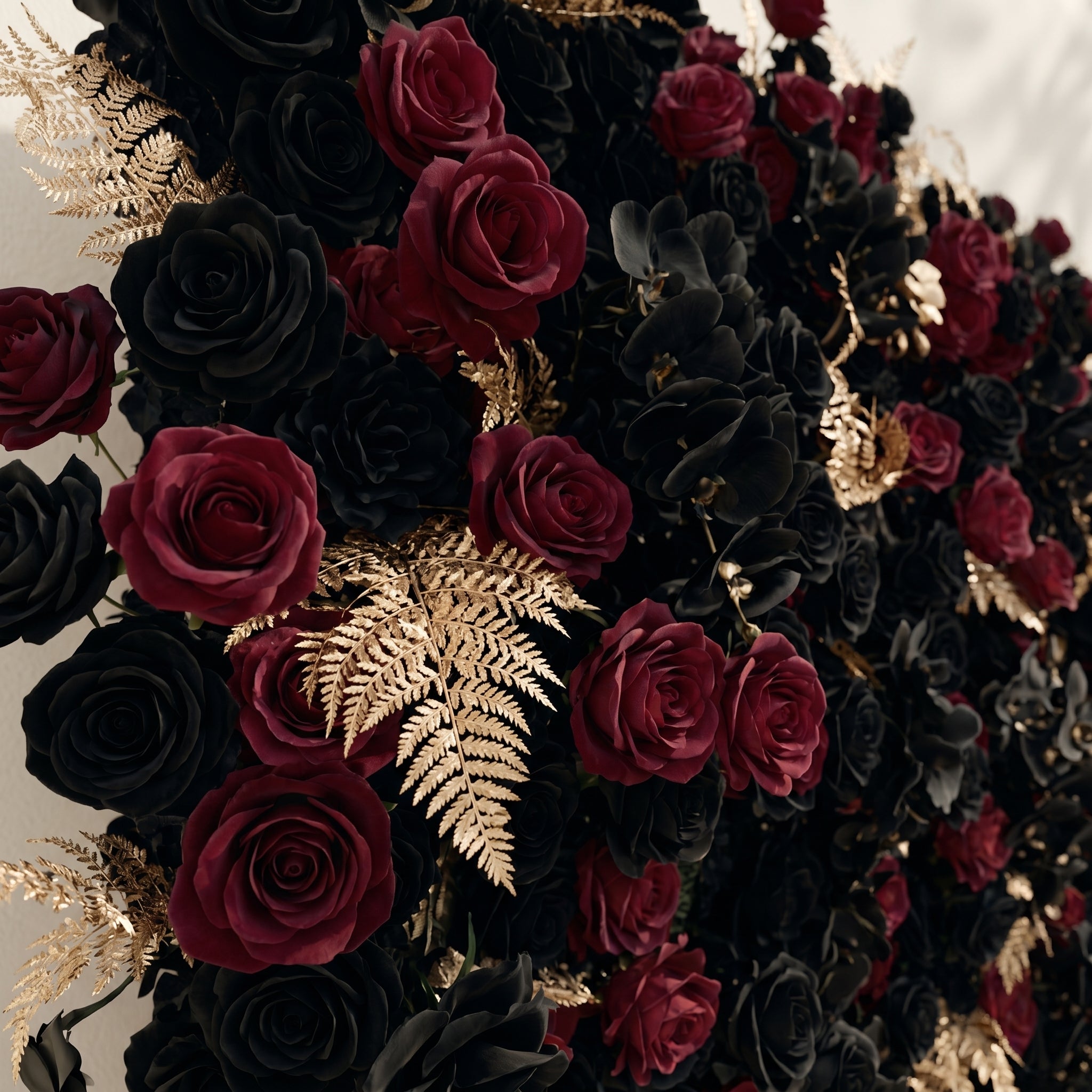 Camilavia: Luxury 5D Black, Burgundy &amp; Gold Silk Floral Wall Roll-Up Backdrop for Opulent Gothic Weddings