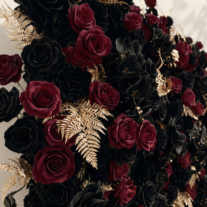 Camilavia: Luxury 5D Black, Burgundy &amp; Gold Silk Floral Wall Roll-Up Backdrop for Opulent Gothic Weddings