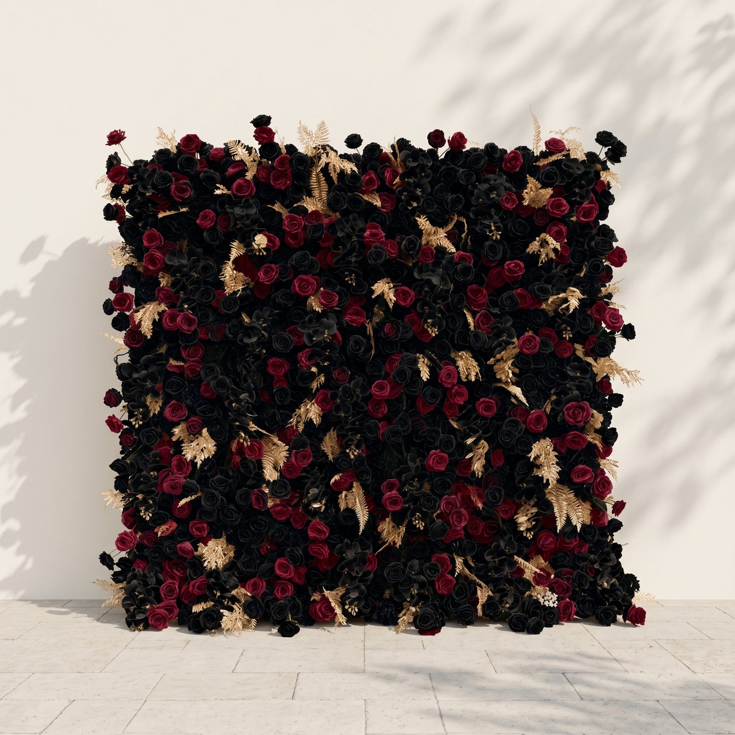 Camilavia: Luxury 5D Black, Burgundy &amp; Gold Silk Floral Wall Roll-Up Backdrop for Opulent Gothic Weddings