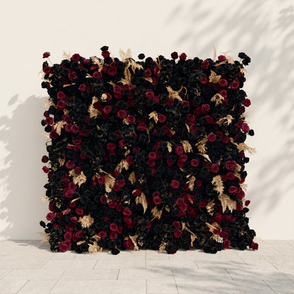 Camilavia: Luxury 5D Black, Burgundy &amp; Gold Silk Floral Wall Roll-Up Backdrop for Opulent Gothic Weddings