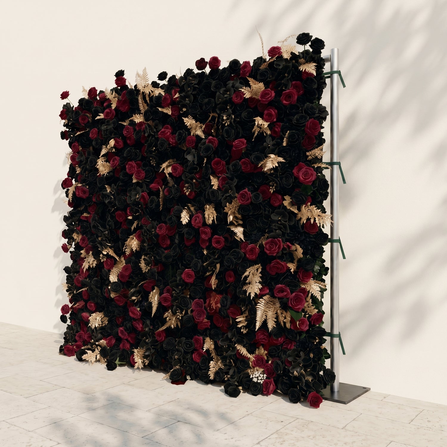 Camilavia: Luxury 5D Black, Burgundy &amp; Gold Silk Floral Wall Roll-Up Backdrop for Opulent Gothic Weddings