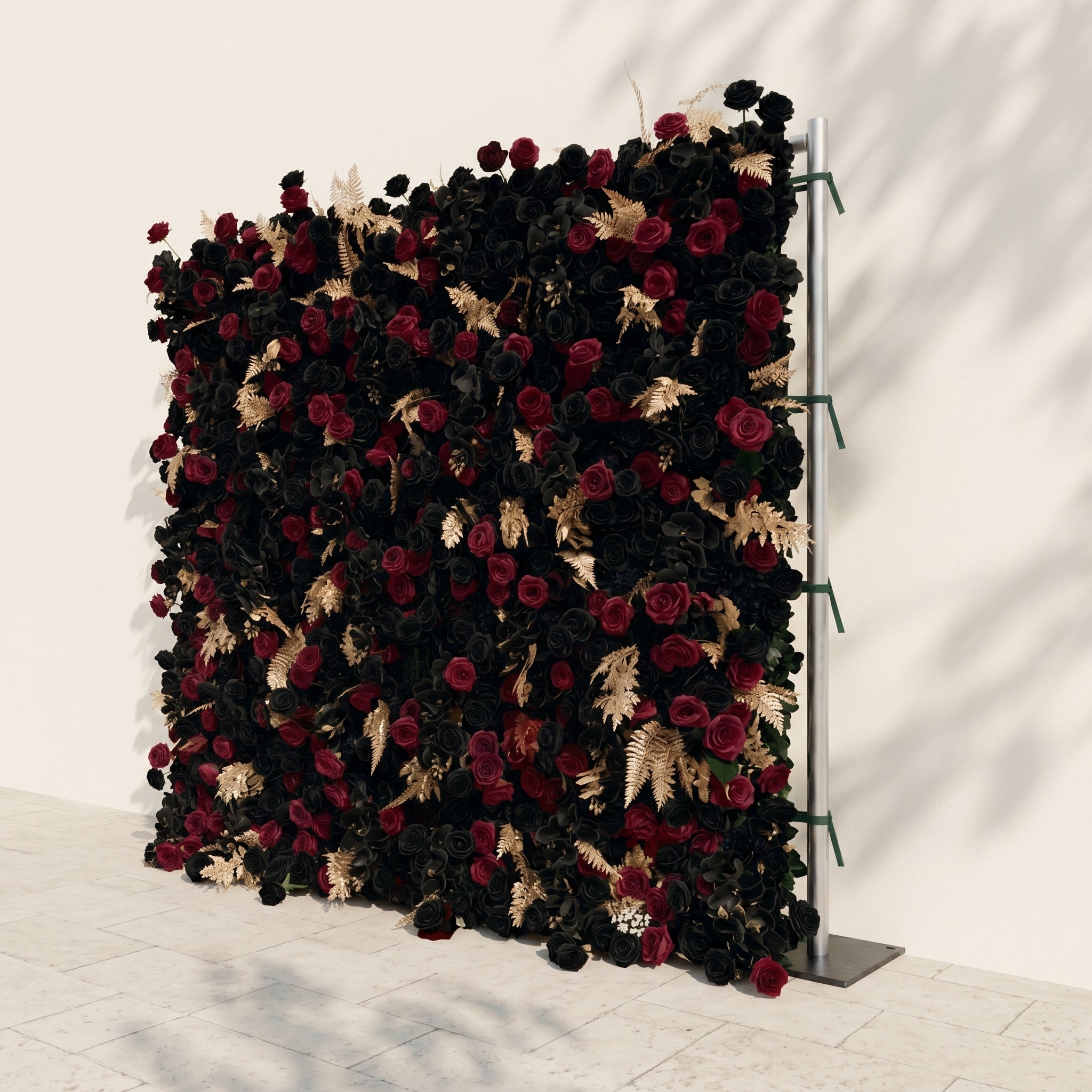 Camilavia: Luxury 5D Black, Burgundy &amp; Gold Silk Floral Wall Roll-Up Backdrop for Opulent Gothic Weddings