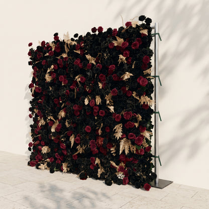 Camilavia: Luxury 5D Black, Burgundy &amp; Gold Silk Floral Wall Roll-Up Backdrop for Opulent Gothic Weddings