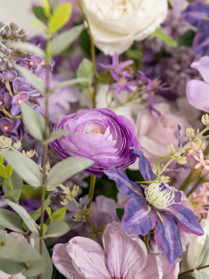 Violet Garden Roses Spray Roses Ranunculus Tulips Floral Table Centerpiece for Wedding Reception in Violet Garden | Greta