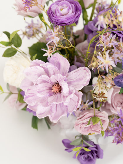 9" Tulips Garden Roses and Ranunculus Small Floral Centerpiece for Wedding Reception Guest Tables in Violet Garden | Greta