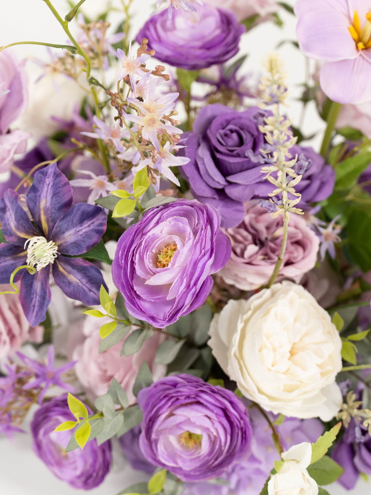9" Tulips Garden Roses and Ranunculus Small Floral Centerpiece for Wedding Reception Guest Tables in Violet Garden | Greta