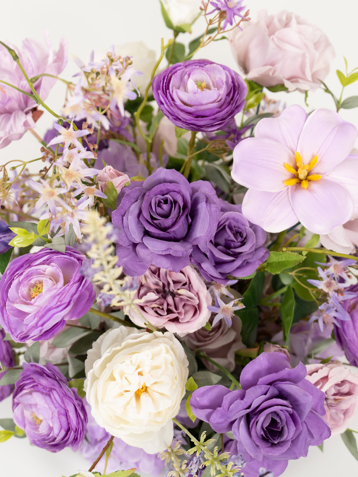 9" Tulips Garden Roses and Ranunculus Small Floral Centerpiece for Wedding Reception Guest Tables in Violet Garden | Greta