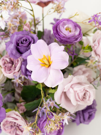 9" Tulips Garden Roses and Ranunculus Small Floral Centerpiece for Wedding Reception Guest Tables in Violet Garden | Greta