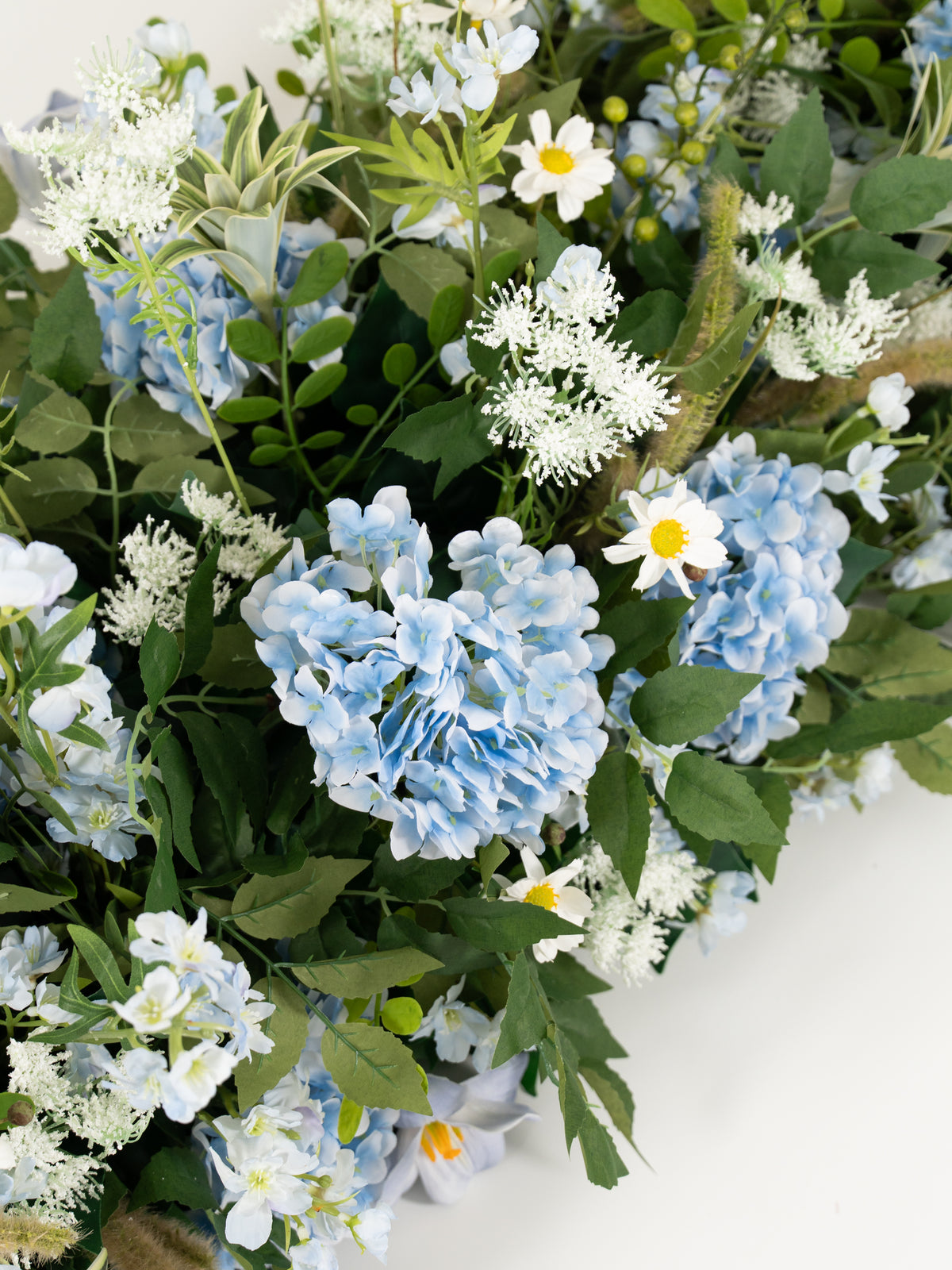 8′10″Hydrangea Tulips Larkspur Ammi magus  Floral Table Centerpiece for Wedding Reception in Powder Blue Meadow | Cora