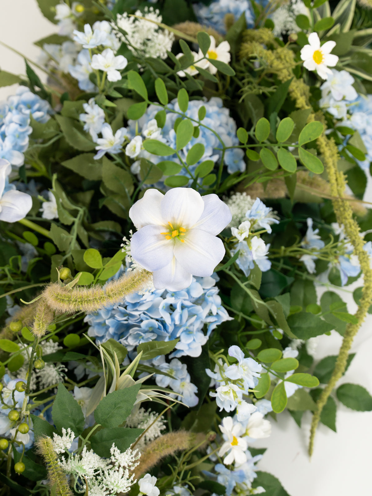 8′10″Hydrangea Tulips Larkspur Ammi magus  Floral Table Centerpiece for Wedding Reception in Powder Blue Meadow | Cora