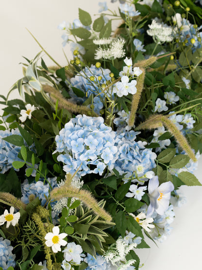 8′10″Hydrangea Tulips Larkspur Ammi magus  Floral Table Centerpiece for Wedding Reception in Powder Blue Meadow | Cora