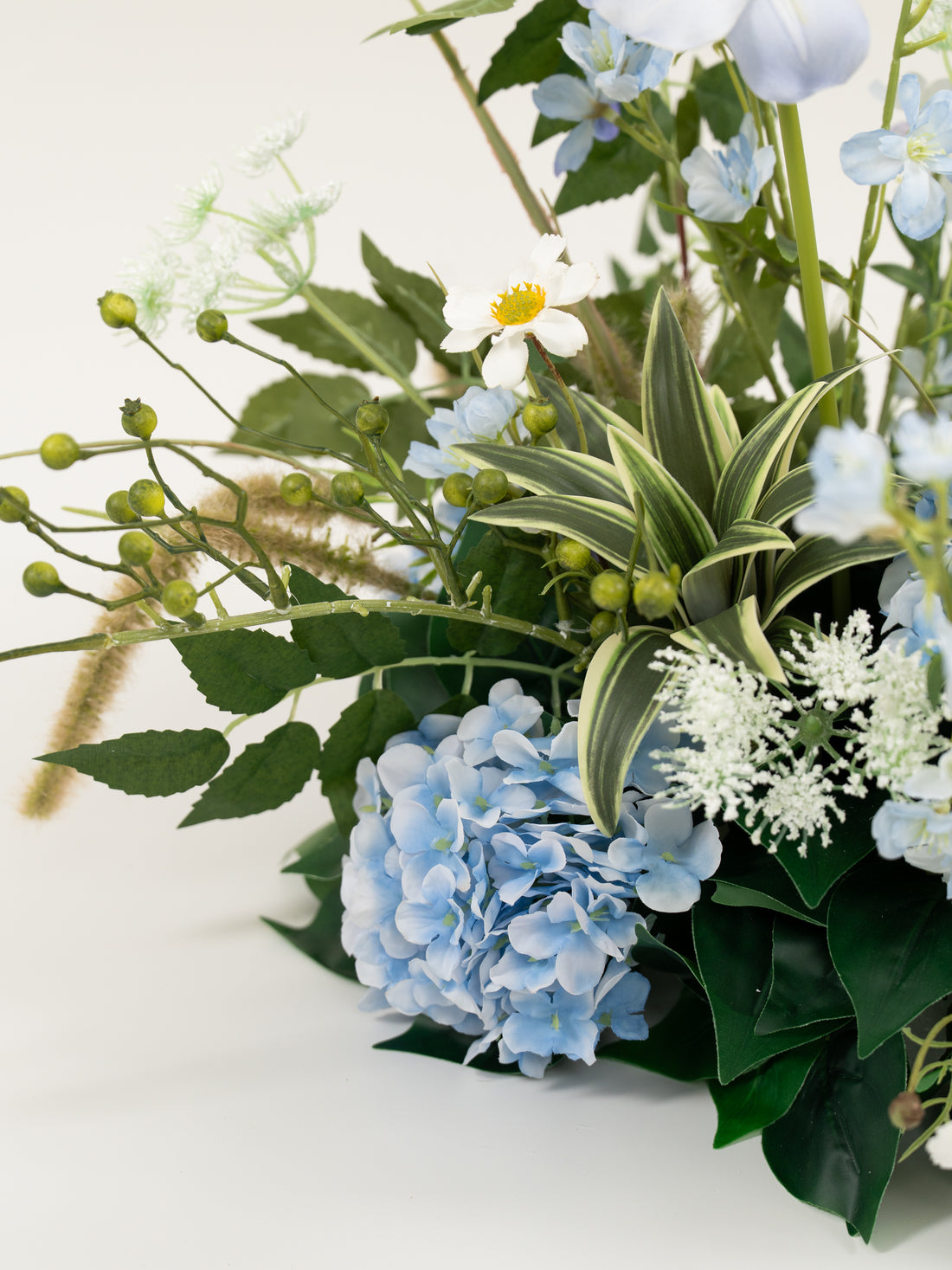 9" Tulips Greeenry Ammi Magus Small Floral Centerpiece for Wedding Reception Guest Tables in Powder Blue Meadow | Cora