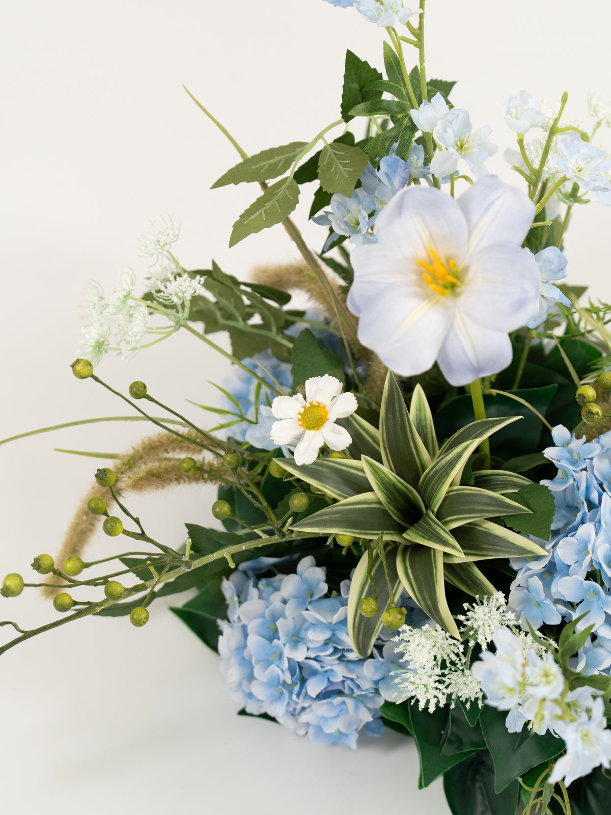 9" Tulips Greeenry Ammi Magus Small Floral Centerpiece for Wedding Reception Guest Tables in Powder Blue Meadow | Cora
