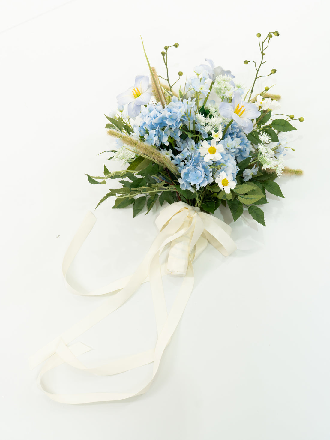 Delicate 13-Inch Round Shape Hydrangea Larkspur Ammi Magus and Wildflower Bridal Bouquet for Wedding Ceremony and Photos in Powder Blue Meadow | Cora