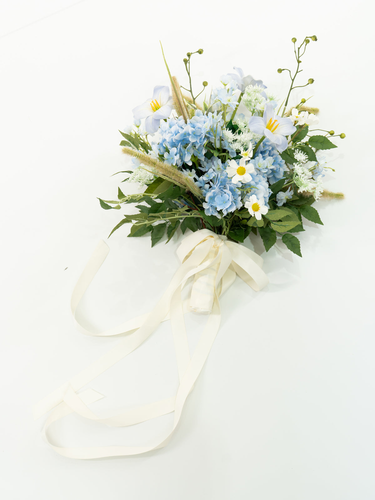 Delicate 13-Inch Round Shape Hydrangea Larkspur Ammi Magus and Wildflower Bridal Bouquet for Wedding Ceremony and Photos in Powder Blue Meadow | Cora