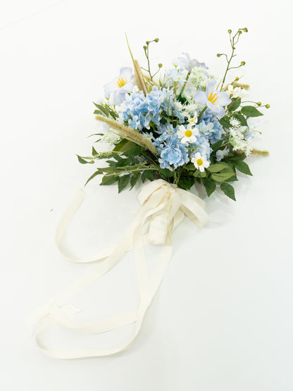 Delicate 13-Inch Round Shape Hydrangea Larkspur Ammi Magus and Wildflower Bridal Bouquet for Wedding Ceremony and Photos in Powder Blue Meadow | Cora