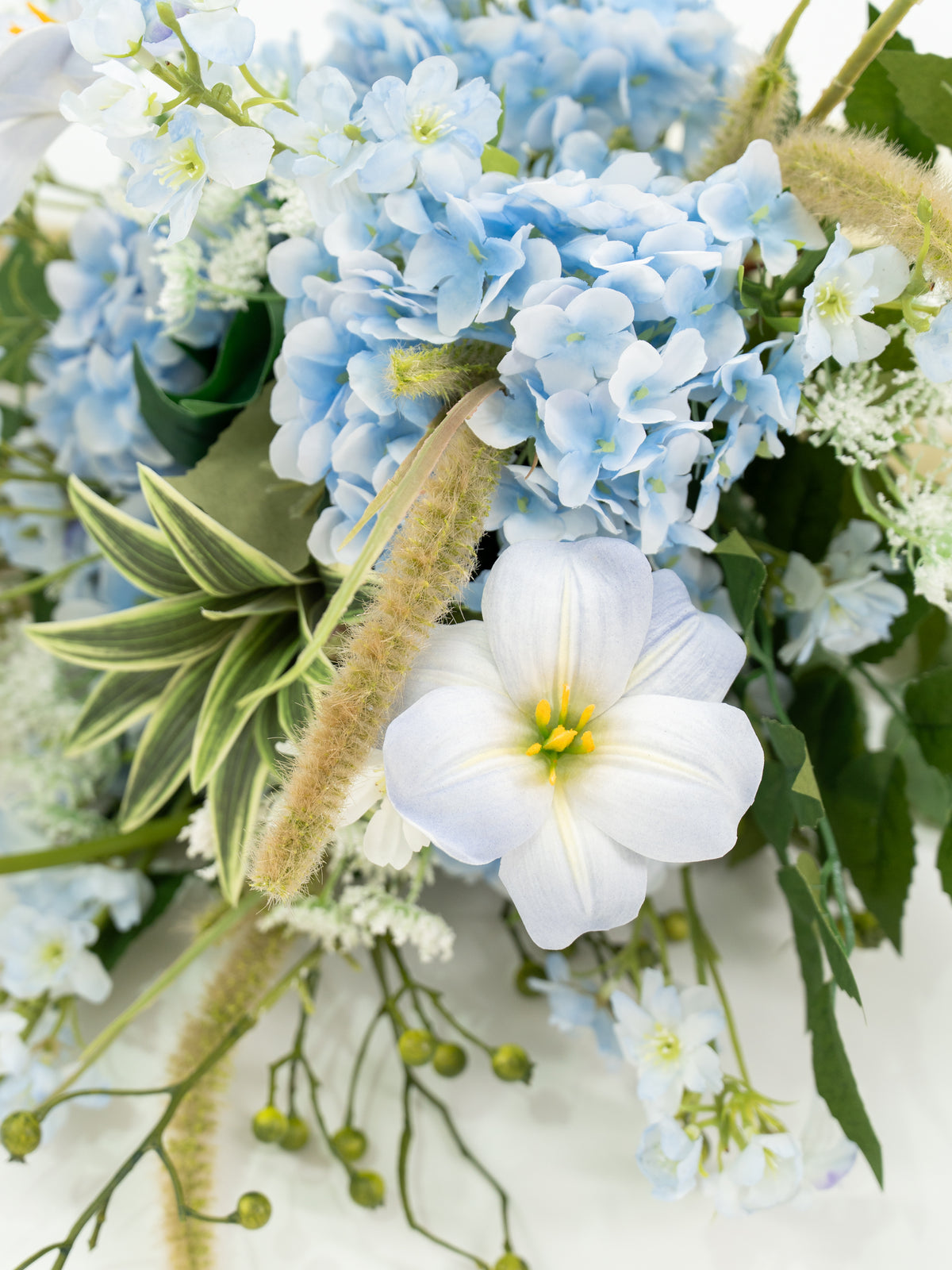 Delicate 13-Inch Round Shape Hydrangea Larkspur Ammi Magus and Wildflower Bridal Bouquet for Wedding Ceremony and Photos in Powder Blue Meadow | Cora