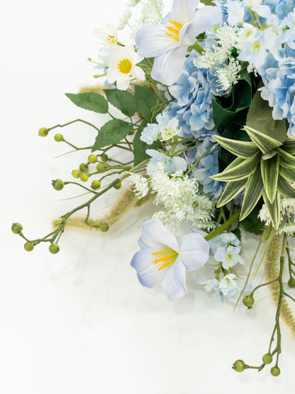 Delicate 13-Inch Round Shape Hydrangea Larkspur Ammi Magus and Wildflower Bridal Bouquet for Wedding Ceremony and Photos in Powder Blue Meadow | Cora