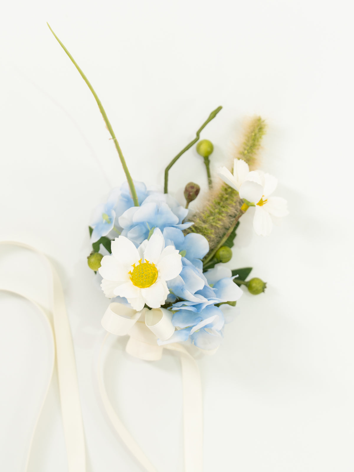 Elegant 3.5-Inch Hydrangea Daisy Larkspur Wrist Corsage for Wedding Ceremony and Bridal Party in Powder Blue Meadow | Cora(Set of 6)