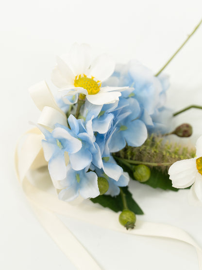 Elegant 3.5-Inch Hydrangea Daisy Larkspur Wrist Corsage for Wedding Ceremony and Bridal Party in Powder Blue Meadow | Cora(Set of 6)