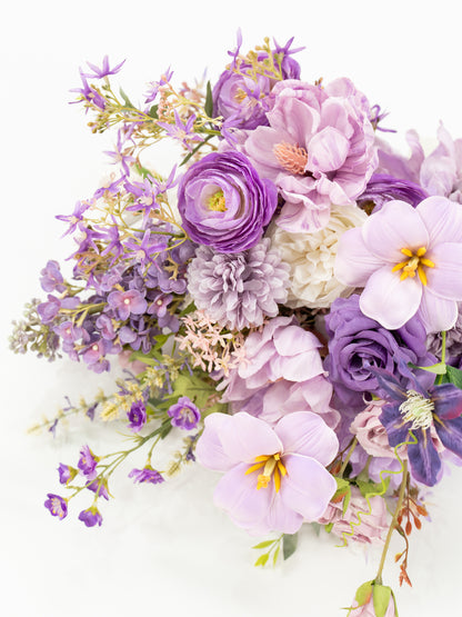 Delicate 13-Inch lilac, garden roses, larkspur parvi / hand-tied Bridal Bouquet for Wedding Ceremony and Photos in Violet Garden | Greta