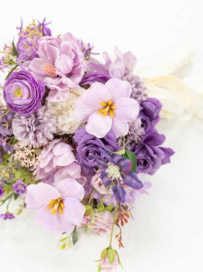 Delicate 13-Inch lilac, garden roses, larkspur parvi / hand-tied Bridal Bouquet for Wedding Ceremony and Photos in Violet Garden | Greta