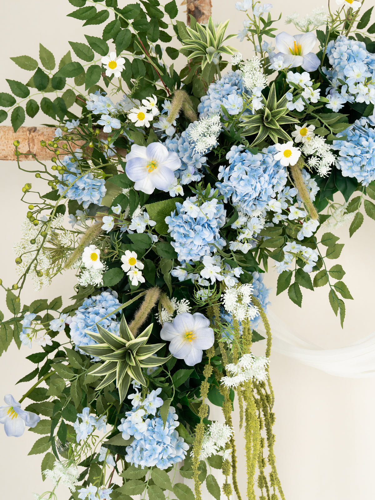 Middle Hydrangea Daisy Larkspur Greenery Floral Arch with Draping for Wedding Ceremony &amp; Reception Backdrop in Powder Blue Meadow | Cora