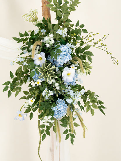 Middle Hydrangea Daisy Larkspur Greenery Floral Arch with Draping for Wedding Ceremony &amp; Reception Backdrop in Powder Blue Meadow | Cora