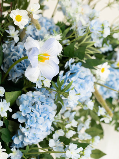 Middle Hydrangea Daisy Larkspur Greenery Floral Arch with Draping for Wedding Ceremony &amp; Reception Backdrop in Powder Blue Meadow | Cora