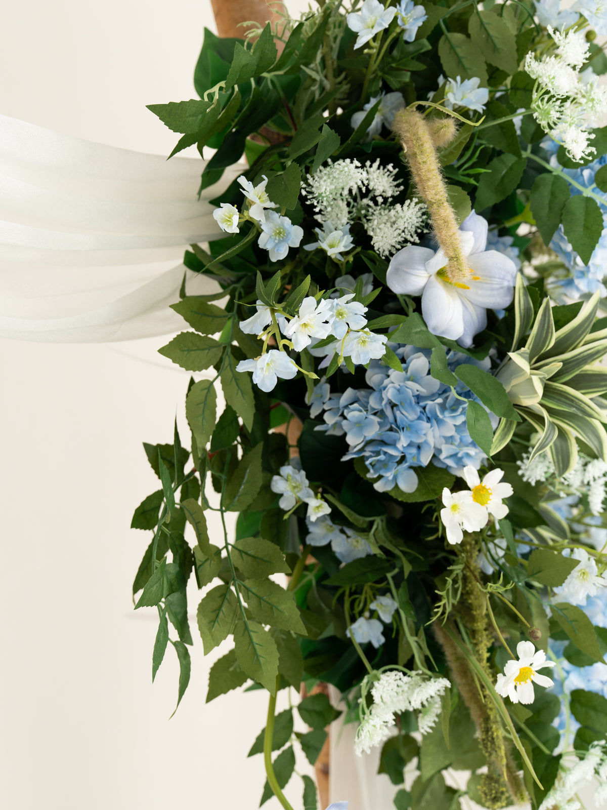 Middle Hydrangea Daisy Larkspur Greenery Floral Arch with Draping for Wedding Ceremony &amp; Reception Backdrop in Powder Blue Meadow | Cora