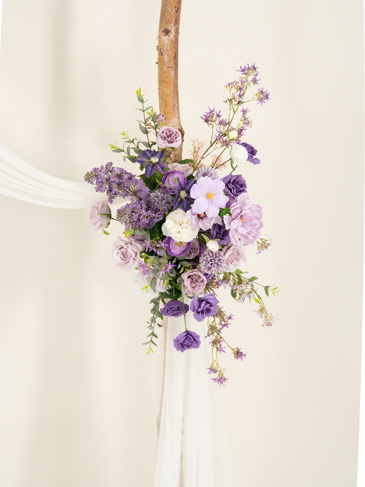 Violet Garden Rpses Lilac Clematis Parvi Floral Arch with Draping for Wedding Ceremony &amp; Reception Backdrop in Violet Garden | Greta