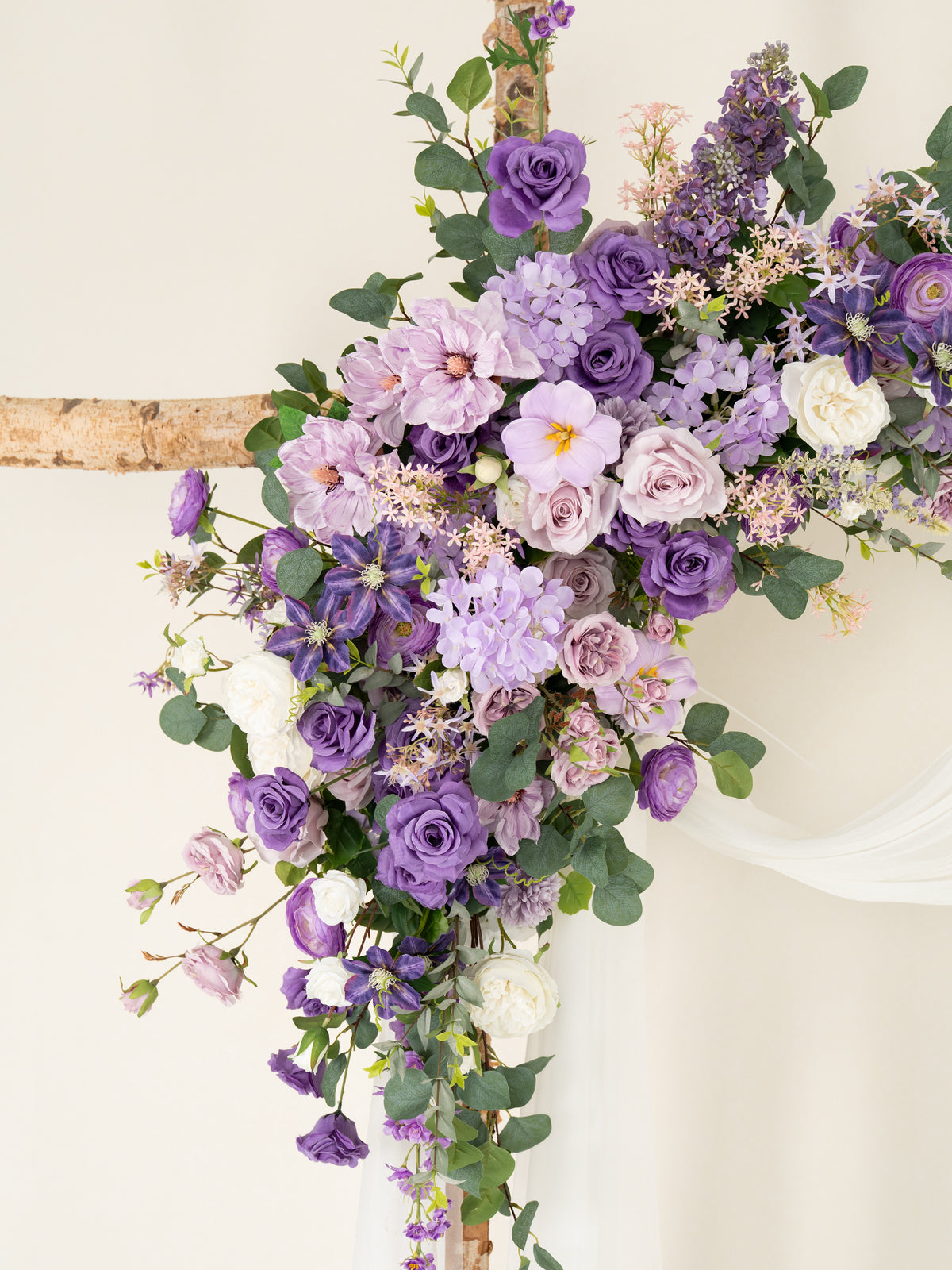 Violet Garden Rpses Lilac Clematis Parvi Floral Arch with Draping for Wedding Ceremony &amp; Reception Backdrop in Violet Garden | Greta