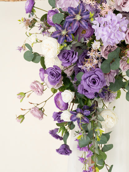 Violet Garden Rpses Lilac Clematis Parvi Floral Arch with Draping for Wedding Ceremony &amp; Reception Backdrop in Violet Garden | Greta