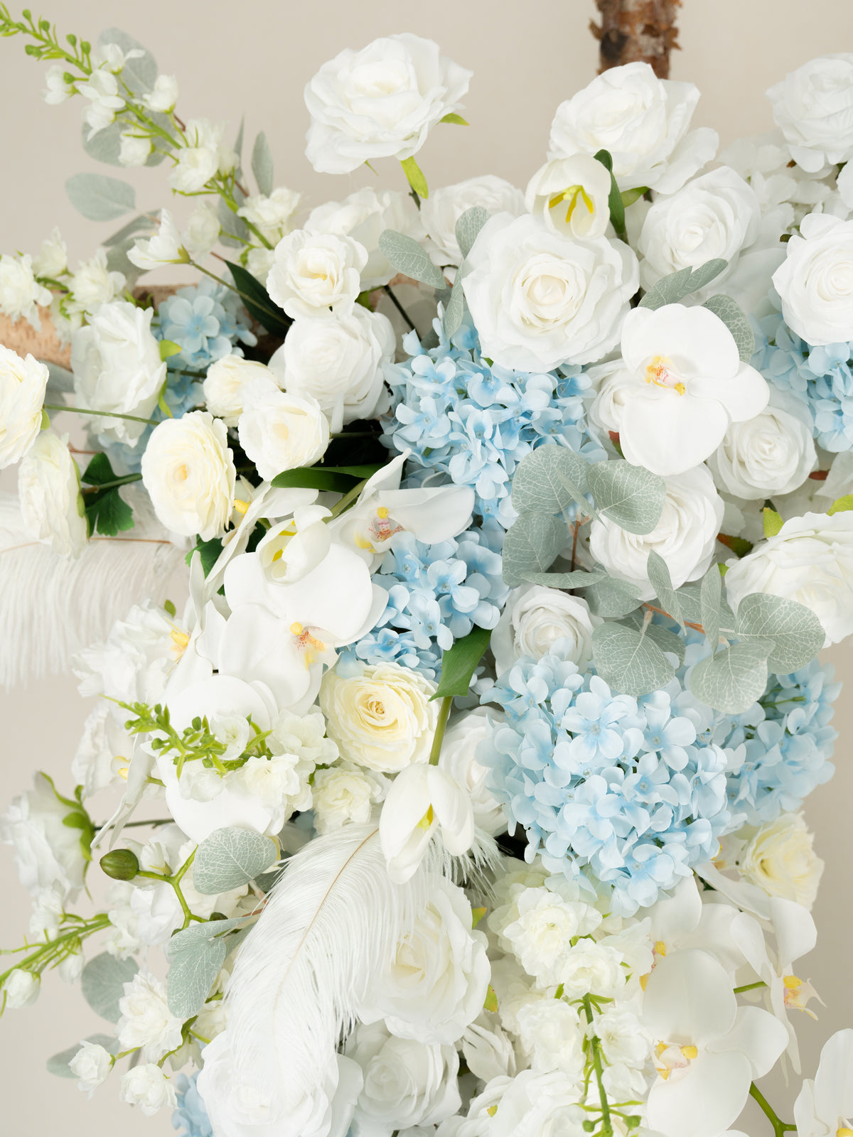Romantic Roses, Hydrangea, Delphinium &amp; Phalaenopsis Floral Arch with Draping for Wedding Ceremony and Backdrop Decor in Baby Blue &amp; Ivory | Serena(Stand not included)