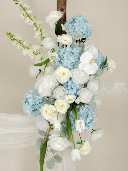 Romantic Roses, Hydrangea, Delphinium &amp; Phalaenopsis Floral Arch with Draping for Wedding Ceremony and Backdrop Decor in Baby Blue &amp; Ivory | Serena(Stand not included)