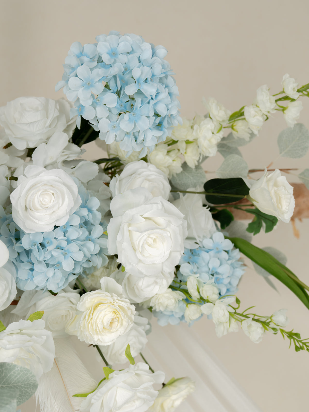 Romantic Roses, Hydrangea, Delphinium &amp; Phalaenopsis Floral Arch with Draping for Wedding Ceremony and Backdrop Decor in Baby Blue &amp; Ivory | Serena(Stand not included)