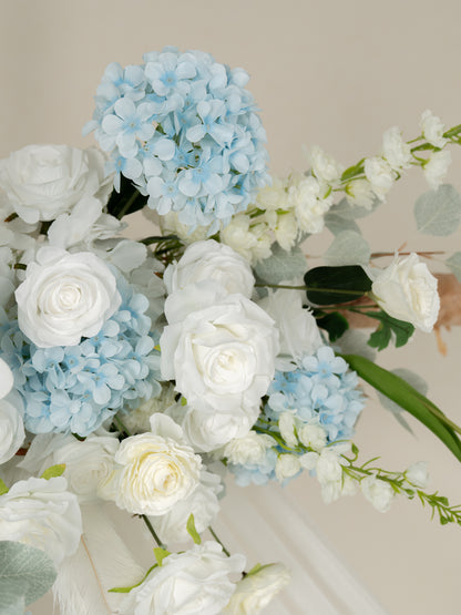 Romantic Roses, Hydrangea, Delphinium &amp; Phalaenopsis Floral Arch with Draping for Wedding Ceremony and Backdrop Decor in Baby Blue &amp; Ivory | Serena(Stand not included)