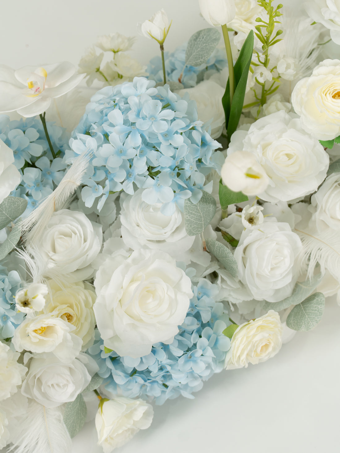 8′10″ Blue Hydrangea, Tulips &amp; Ranunculus Long Table Centerpiece for Wedding Reception and Tablescape Decor in Baby Blue &amp; Ivory | Serena