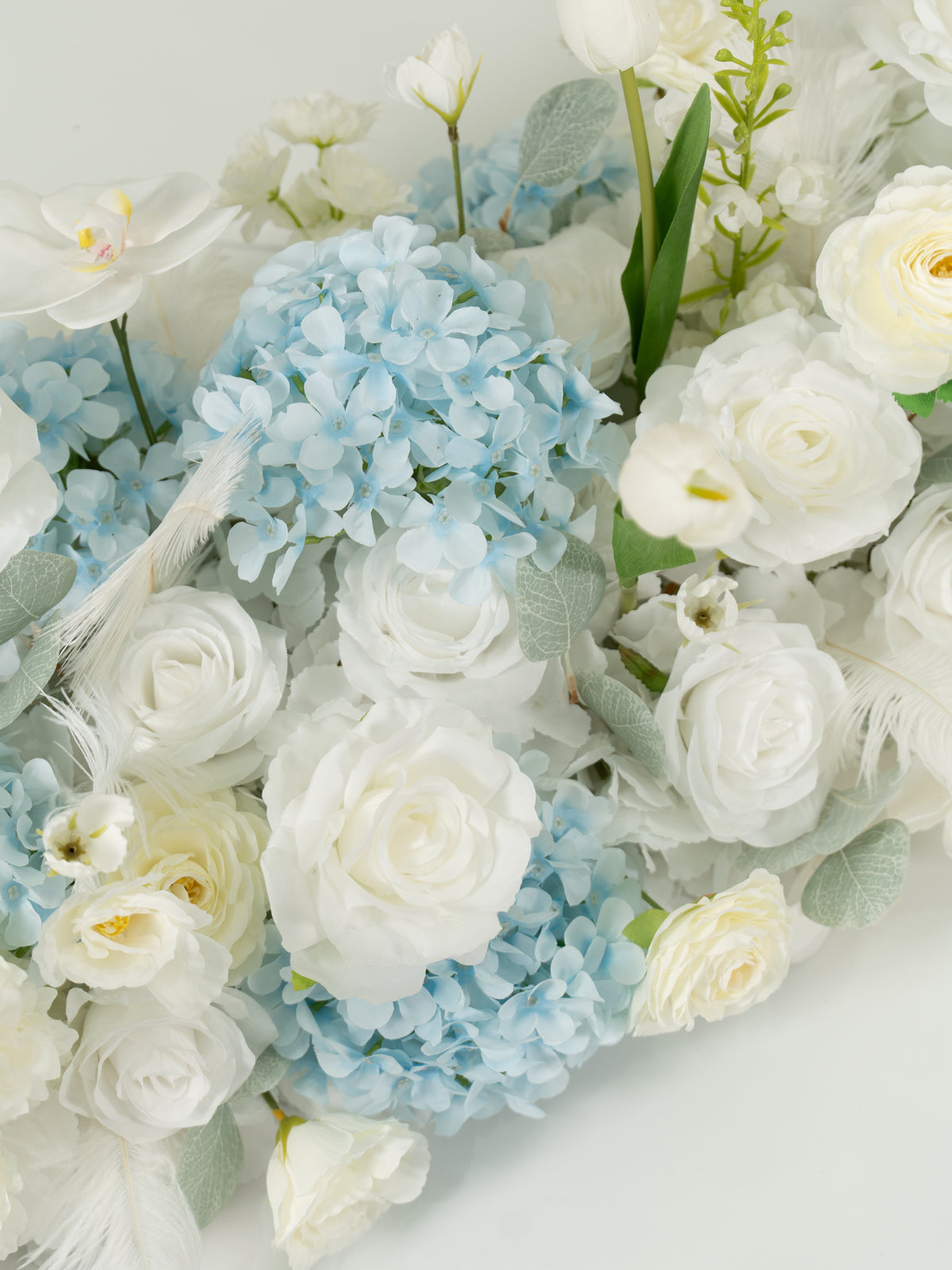 8′10″ Blue Hydrangea, Tulips &amp; Ranunculus Long Table Centerpiece for Wedding Reception and Tablescape Decor in Baby Blue &amp; Ivory | Serena